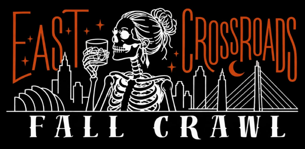 East Crossroads Fall Crawl: a skeleton raising a cocktail over the Kansas City skyline.
