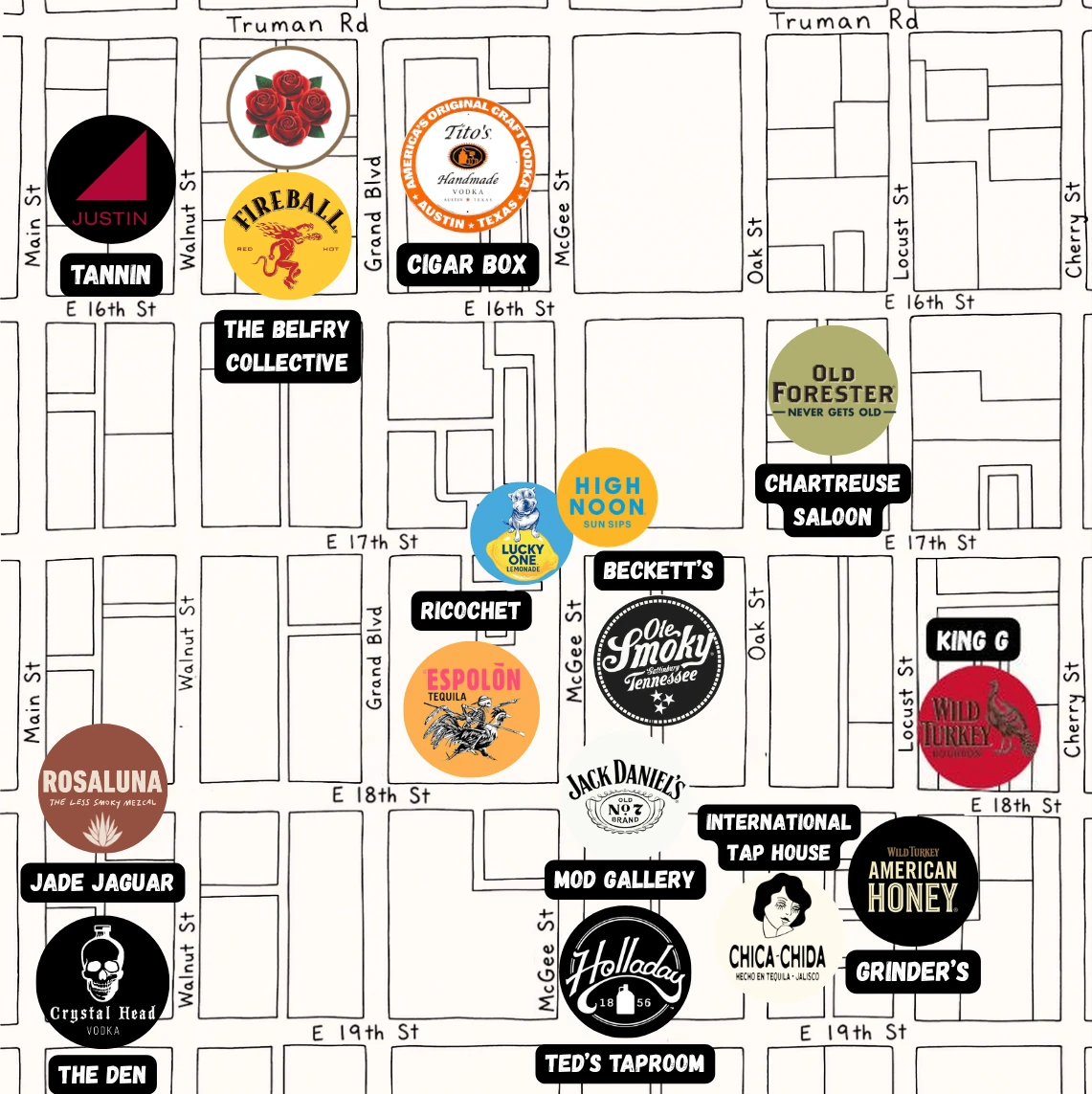 Hand-drawn map of the East Crossroads, Main Street to Cherry Street and Truman Road to 19th Street, naming the 13 participating spots, each beside its featured brand's logo: Tannin, The Belfry Collective, Cigar Box, Chartreuse Saloon, Beckett's, Ricochet, King G, Jade Jaguar, International Tap House, MOD Gallery, Grinder's, The Den and Ted's Taproom.